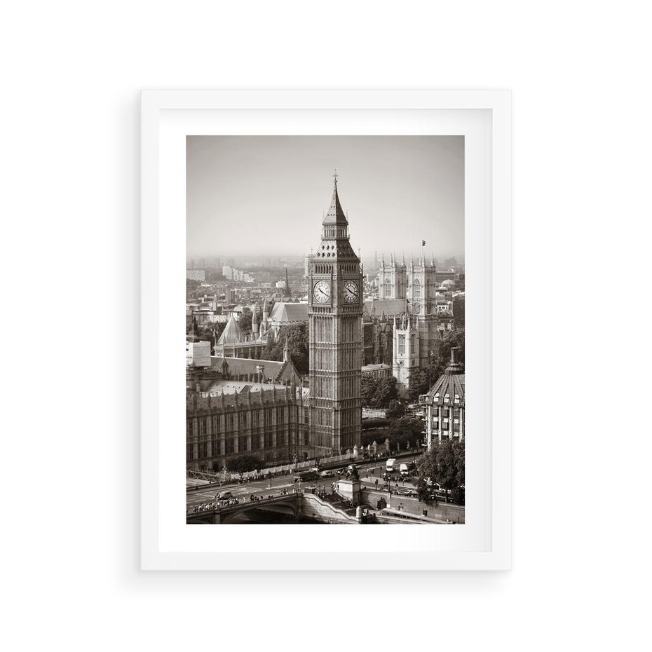 Plakat w ramie 30x40 - Magiczna esencja Londynu: Big Ben i miasto - Big Ben, Londyn - rama biała