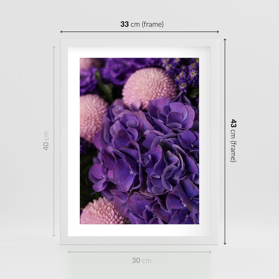 Plakat w ramie 30x40 - Fioletowa hortensja - kwiaty, hortensja - rama biała