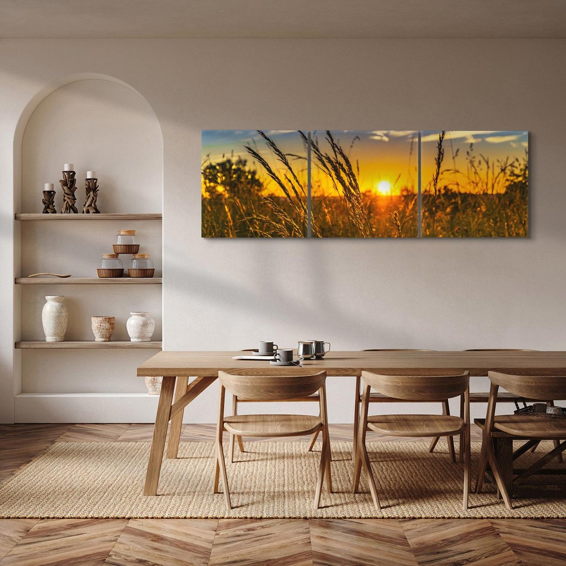 Obraz na płótnie 120x40 - "Zachód Słońca, Łąka - Magiczna Aura - zachód, słońca
