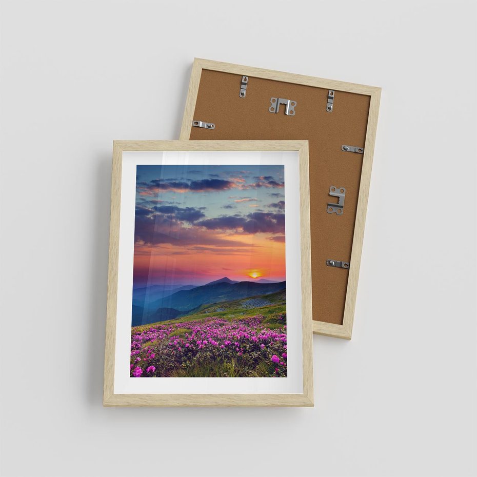 Plakat w ramie 30x40 - Górski Zachód - góry, łąka - rama drewno