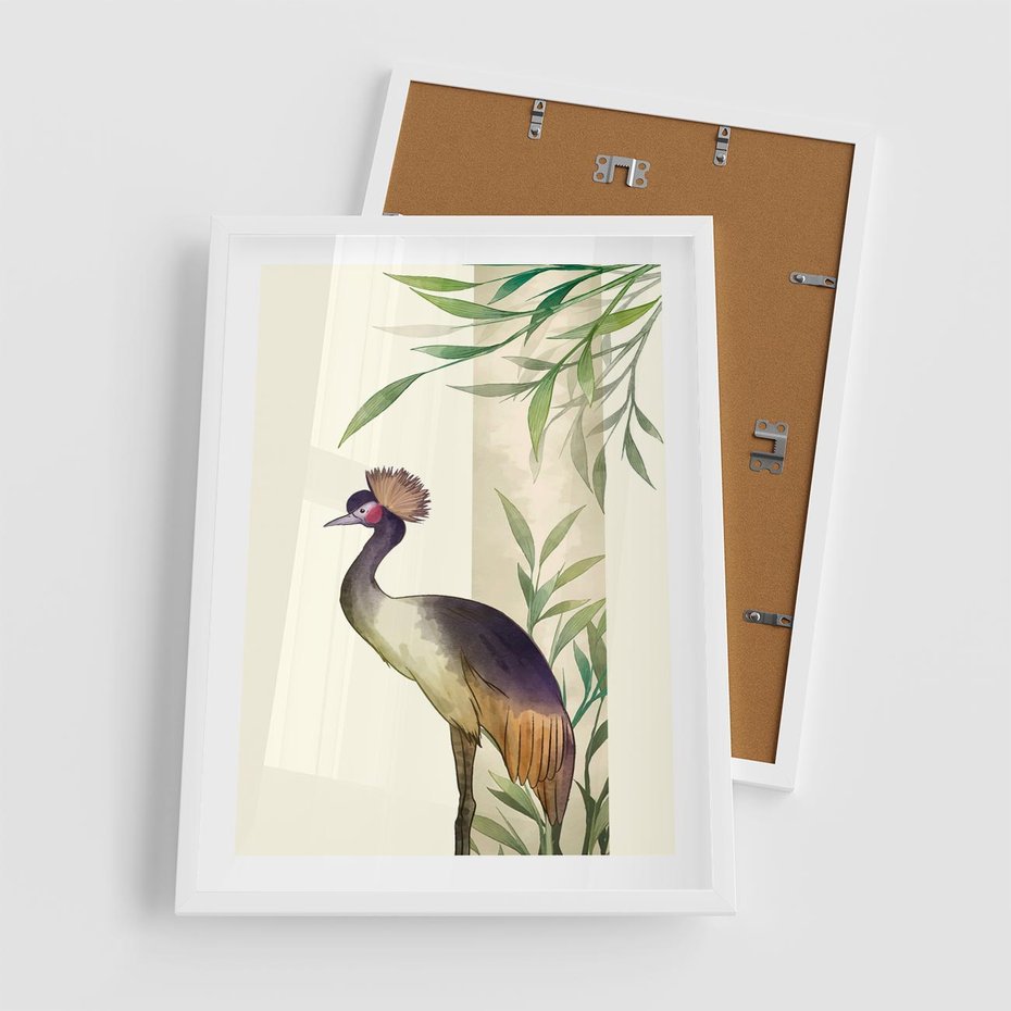 Plakat w ramie 50x70 - Kwiatowa Ekspresja - japońska sztuka, ptak - rama biała