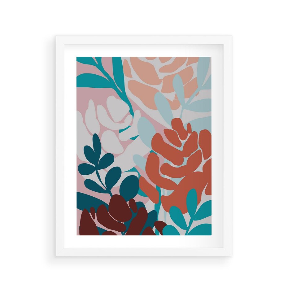Plakat w ramie 40x50 - Impresje Kształtów - abstrakcyjna kompozycja kwiatowych form, kolor zgaszone - rama biała