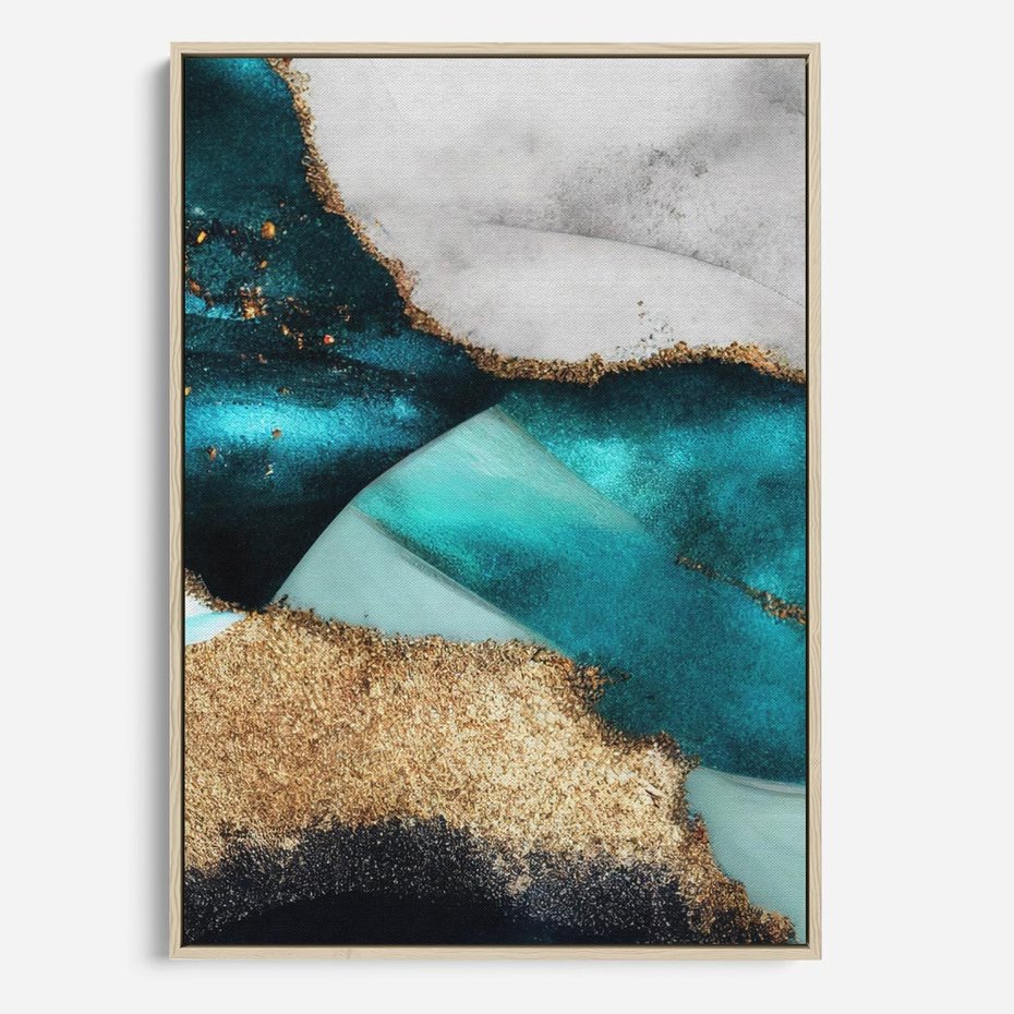 Obraz w ramie 50x70 - Rozlane Turkusy - Turkusowe plamy, złote elementy - rama drewno