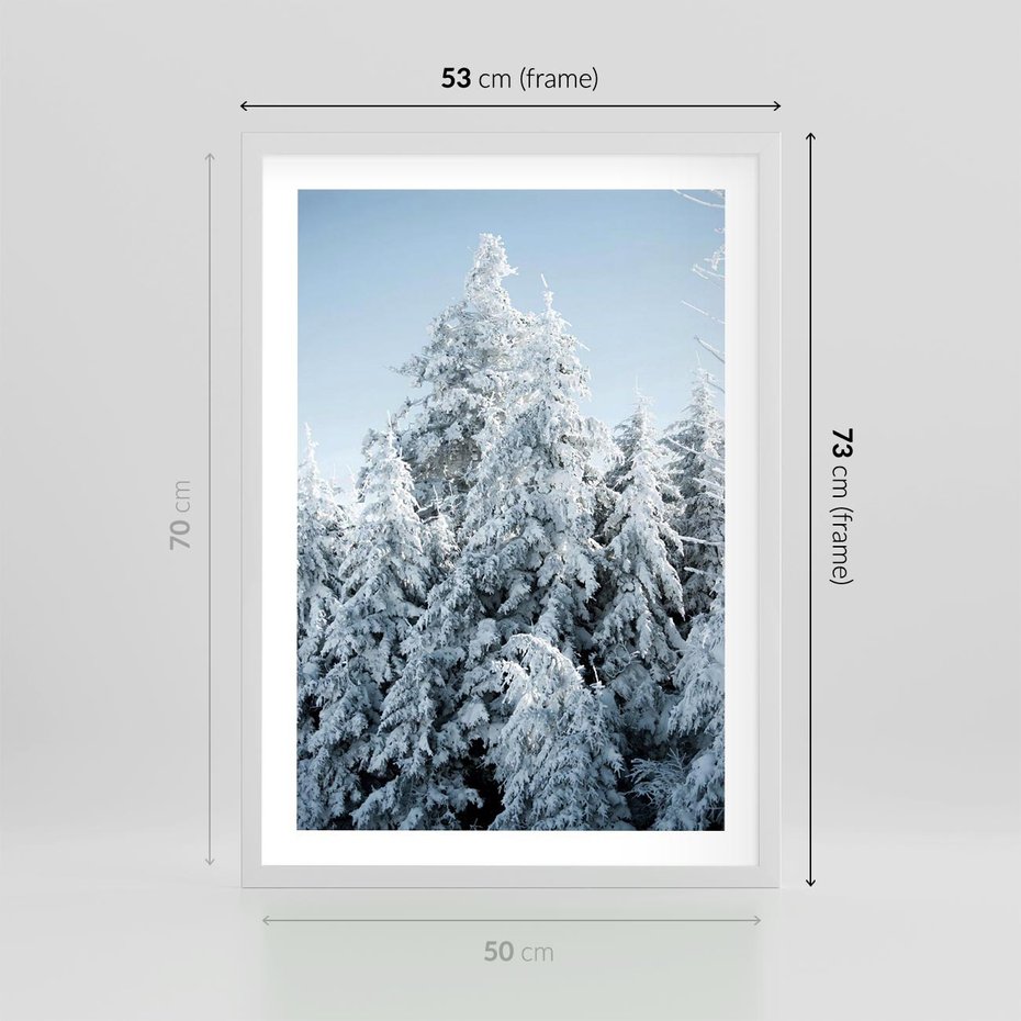 Plakat w ramie 50x70 - Magia Śnieżnych Drzew - zima, iglaste drzewa - rama biała
