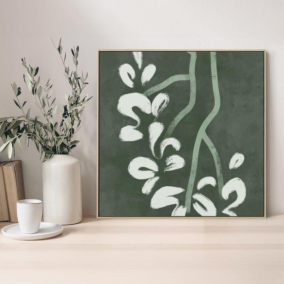 Obraz w ramie 80x80 - Rozkwitające Zielone Gałęzie - abstrakcyjne delikatne zielone linie, podobne do gałęzi kwiatów - rama drewno
