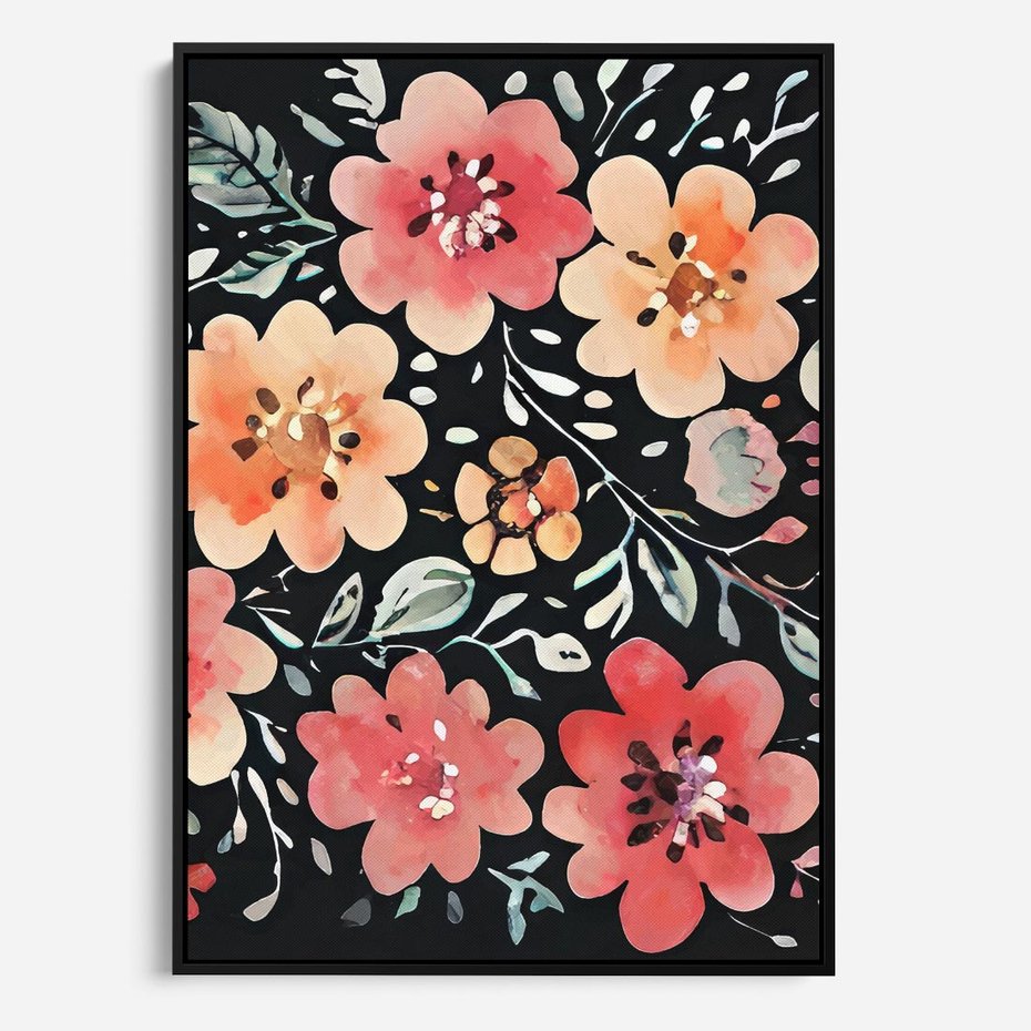 Obraz w ramie 50x70 - Labirynty melancholii - akwarelowe, pastelowe kwiaty na czarnym tle - rama czarna