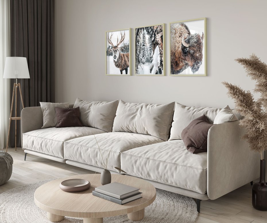 Zestaw obrazy w ramie 40x50 galeria - Jeleń, bizon, zima, retro - rama drewno