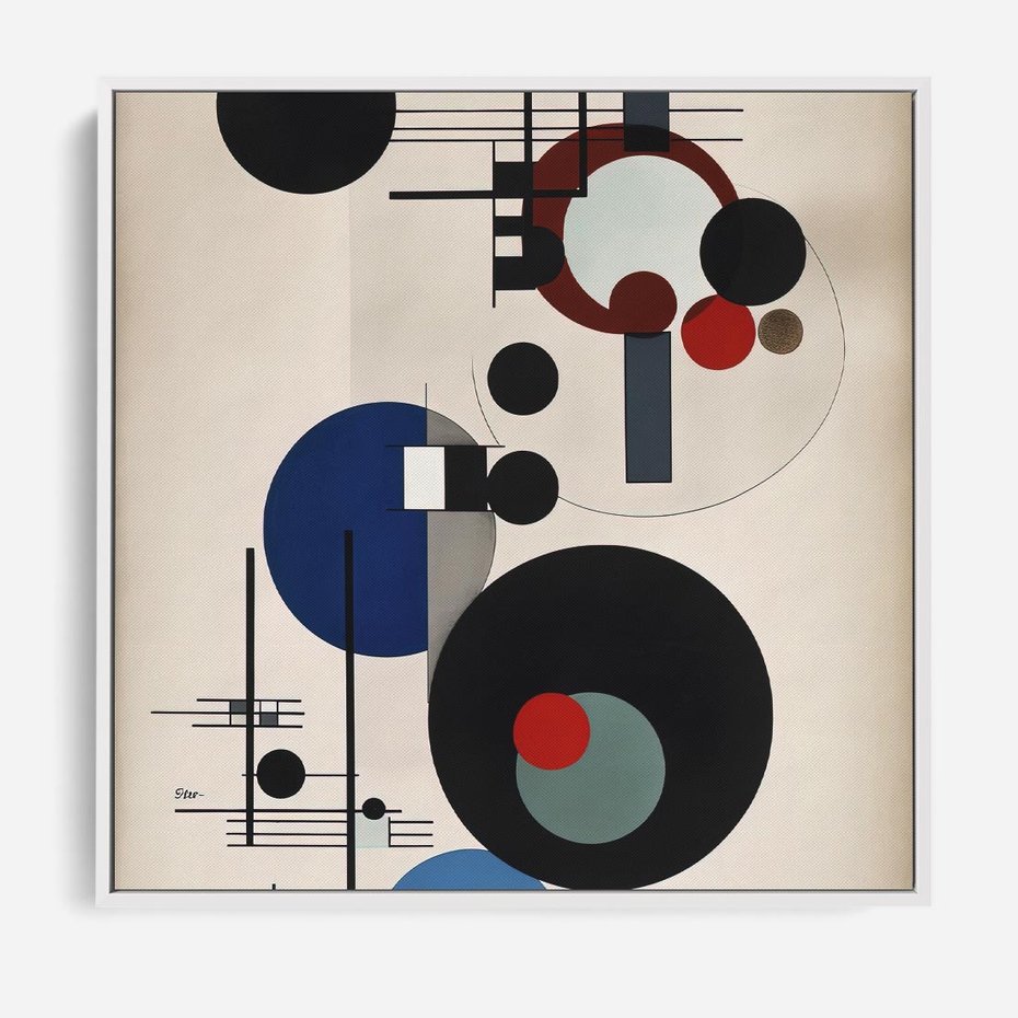 Obraz w ramie 50x50 - Rozkwitające Wibracje Wyobraźni - abstrakcyjna geometryczna kompozycja, koła linie - rama biała