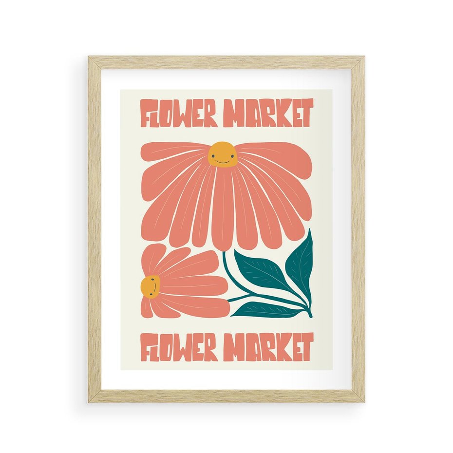 Plakat w ramie 40x50 - Grafika Pełna Radości - wesoła grafika, uśmiechnięte kwiaty - rama drewno