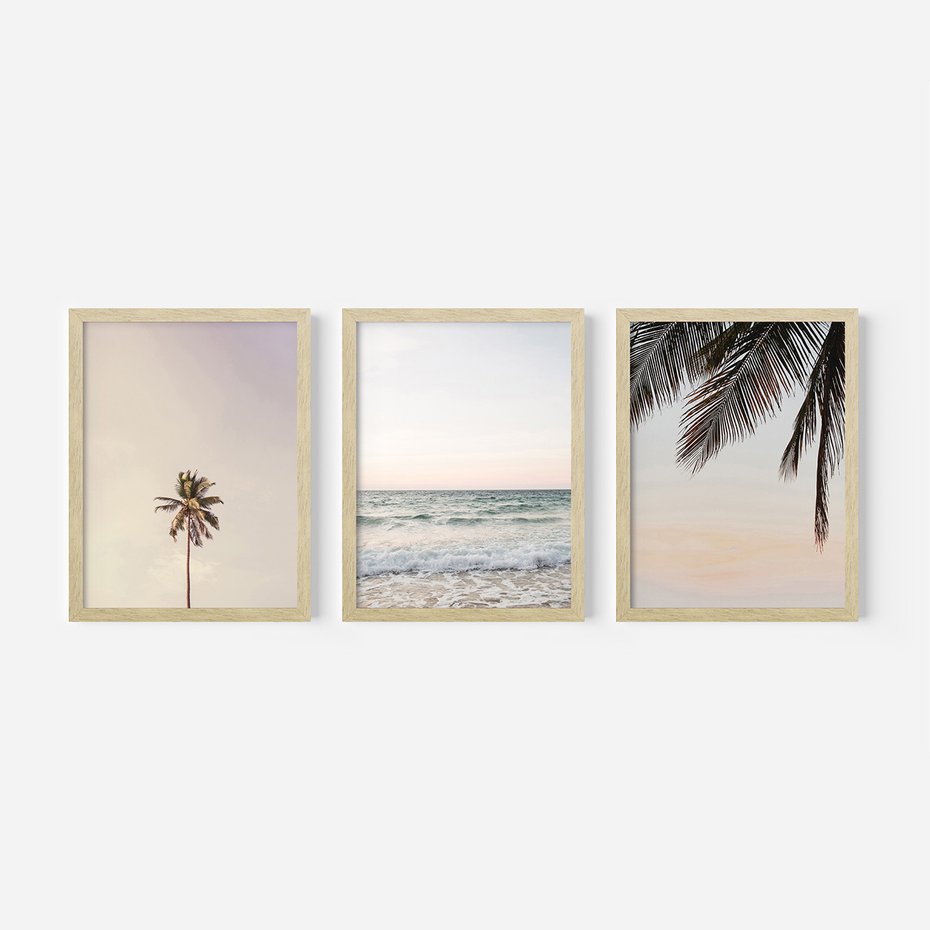 Zestaw obrazy w ramie 50x70 galeria - Tropikalne, palmy, plaża, wakacje - rama drewno