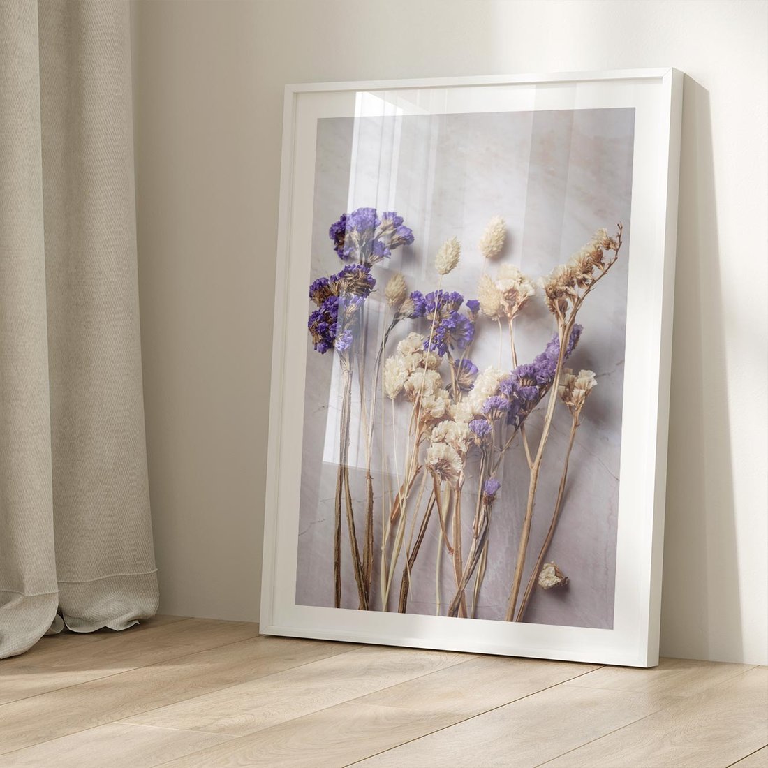 Plakat bez ramy 40x50 - Błękitno-Biała Harmonia - suszone kwiaty, błekitne