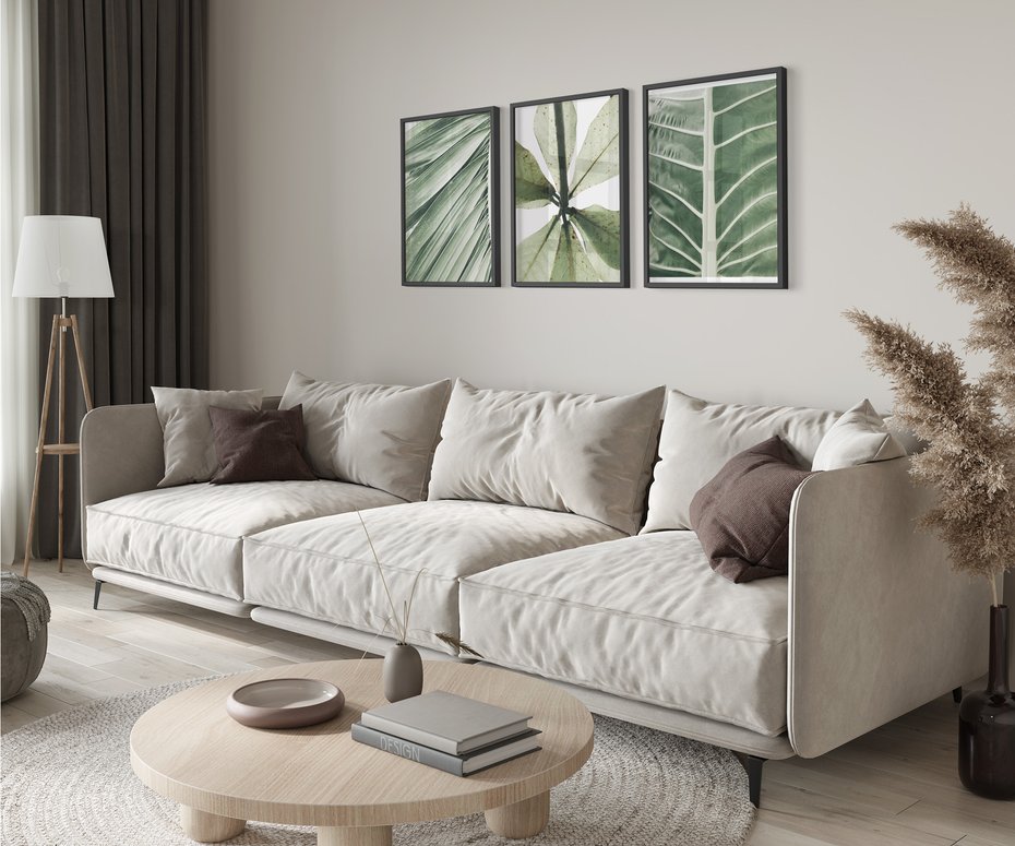 Zestaw obrazy w ramie 30x40 galeria - Liście, minimalizm, zieleń - rama czarna