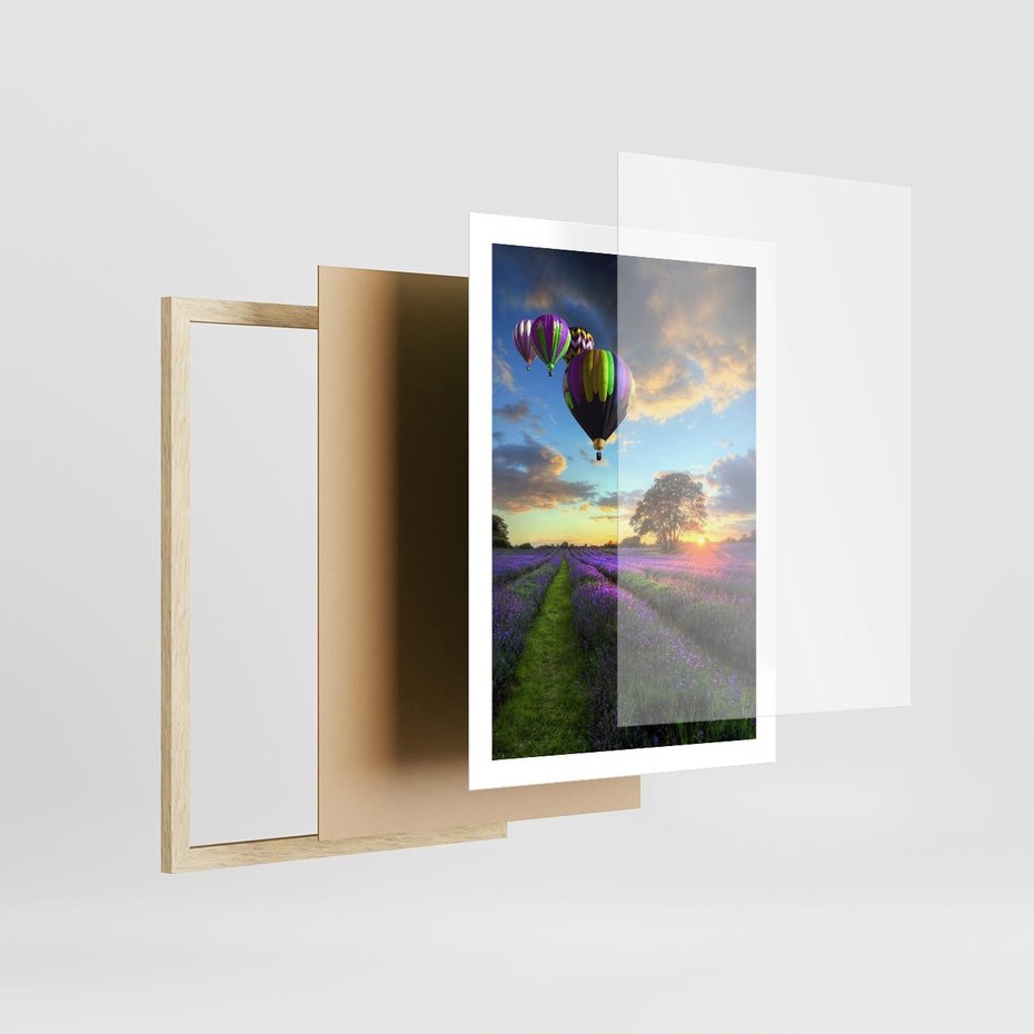 Plakat w ramie 50x70 - Lawendowe Marzenia - lawenda, balony - rama drewno