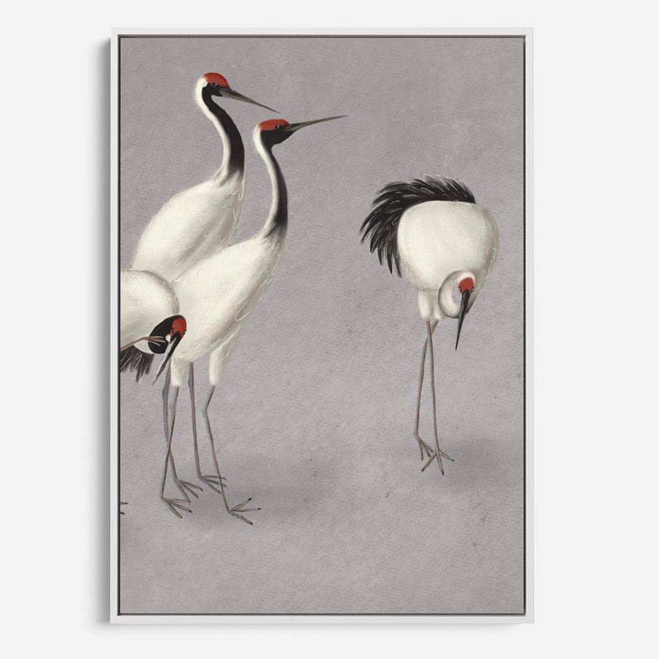 Obraz w ramie 70x100 - Spojrzenie wstecz w pędzlu - szkic rysunek, japońskie żurawie - rama biała