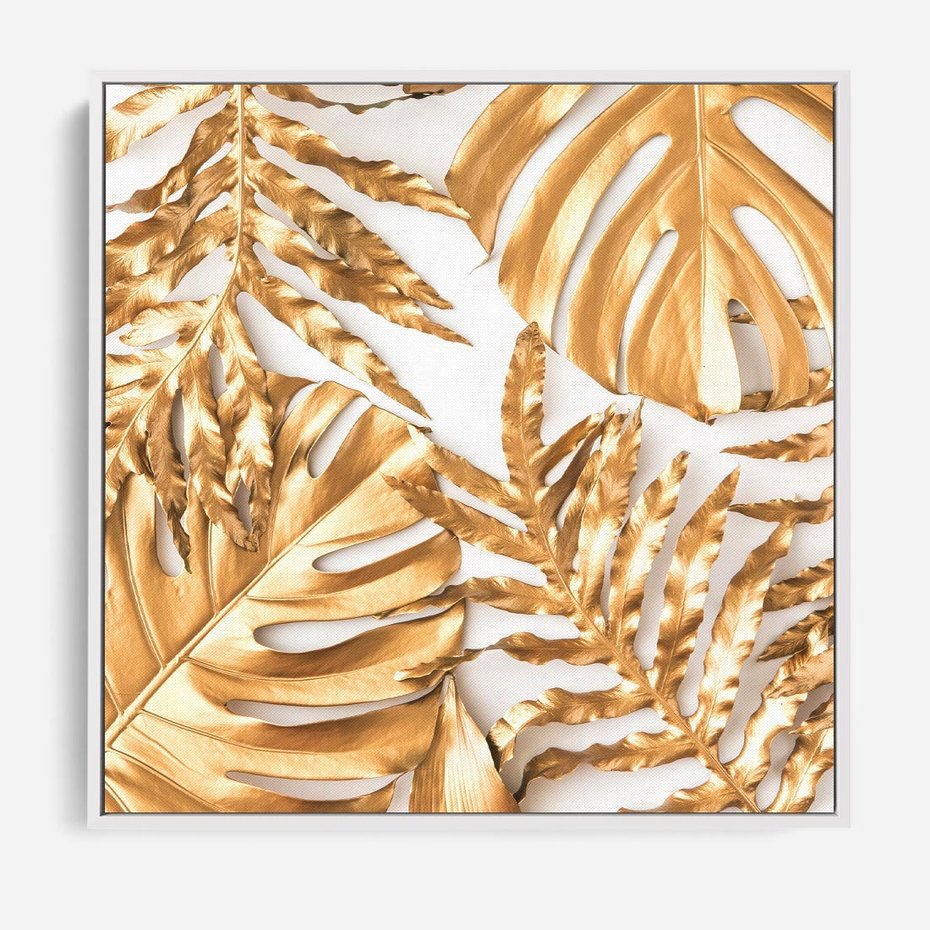 Obraz w ramie 50x50 - Monstera Złote Liście - monstera, złote - rama biała