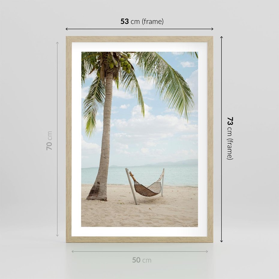 Plakat w ramie 50x70 - Relaks na plaży - palma, hamak - rama drewno