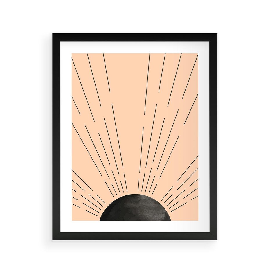 Plakat w ramie 40x50 - Migocące Kształty Promieni - boho czarne słońce, nowoczesna grafika - rama czarna