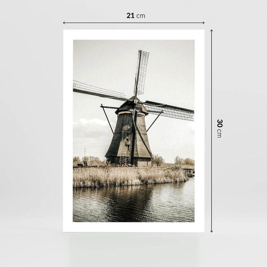 Plakat bez ramy 21x30 - Holenderski Wiatrak w Sepii - holenderski wiatrak, młyn