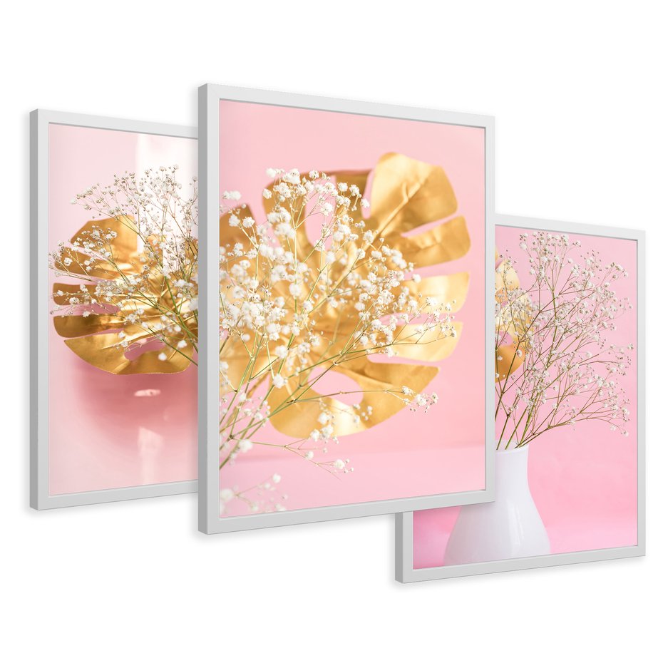Zestaw obrazy w ramie 50x70 galeria - Złote, liście, monstera, kwiaty - rama biała