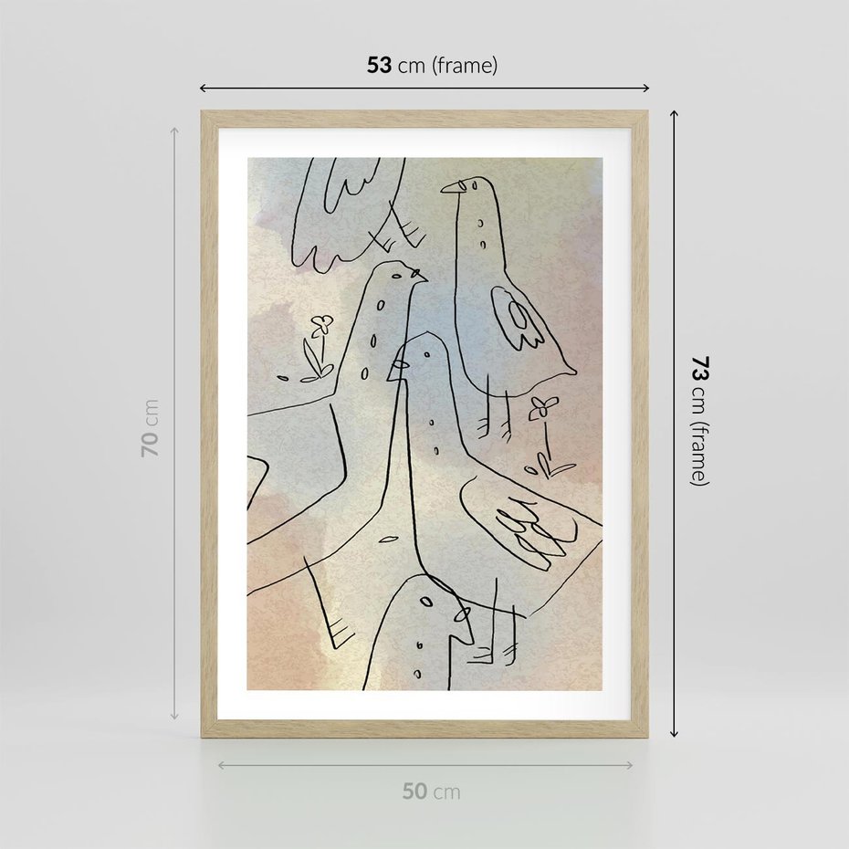 Plakat w ramie 50x70 - Strukturalna Gromada - abstrakcyjny plakat, szkic ptaków - rama drewno