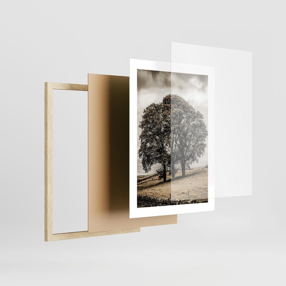 Plakat w ramie 30x40 - Spokojna Osamotniona Chwila - beżowe kolory, samotne drzewo na polu - rama drewno
