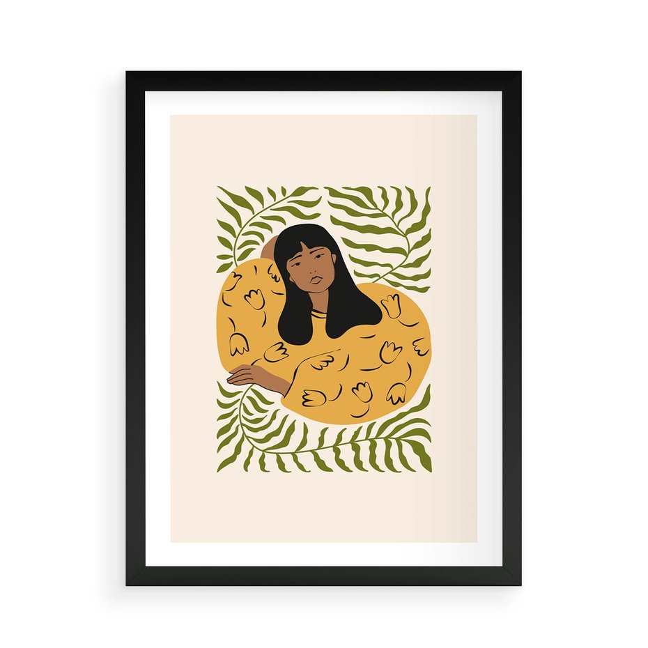 Plakat w ramie 50x70 - Malowane Odbicia Wyobraźni - nowoczesny plakat, kobieta otoczona liśćmi - rama czarna