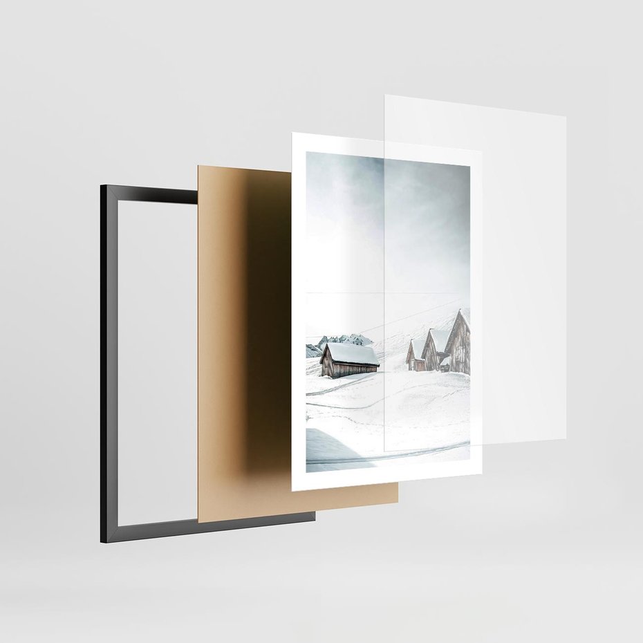 Plakat w ramie 50x70 - Zima w Domkach: Urok Śnieżnej Scenerii - domki w śnieżnym krajobrazie - rama czarna