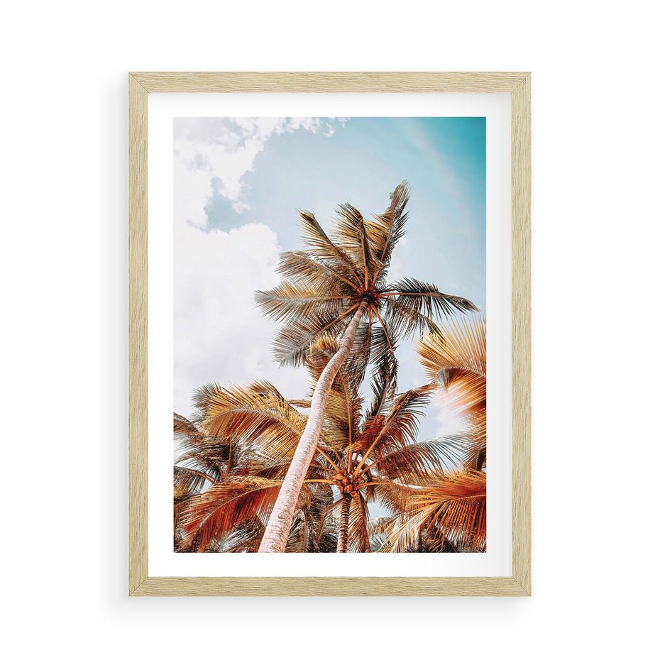 Plakat w ramie 50x70 - Plażowa Idylla z Palmami - palmy, rajska plaża - rama drewno