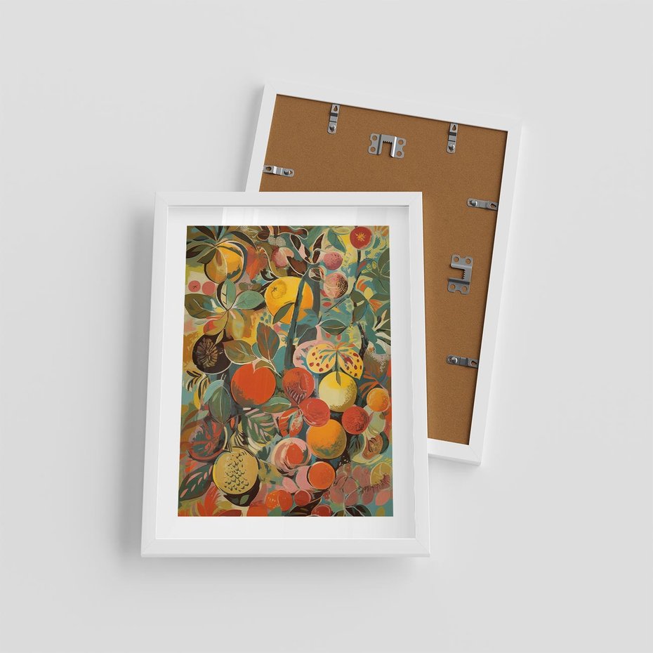 Plakat w ramie 30x40 - Księga Surrealnych Wyobrażeń - abstrakcyjny obraz owoców, jak picasso - rama biała