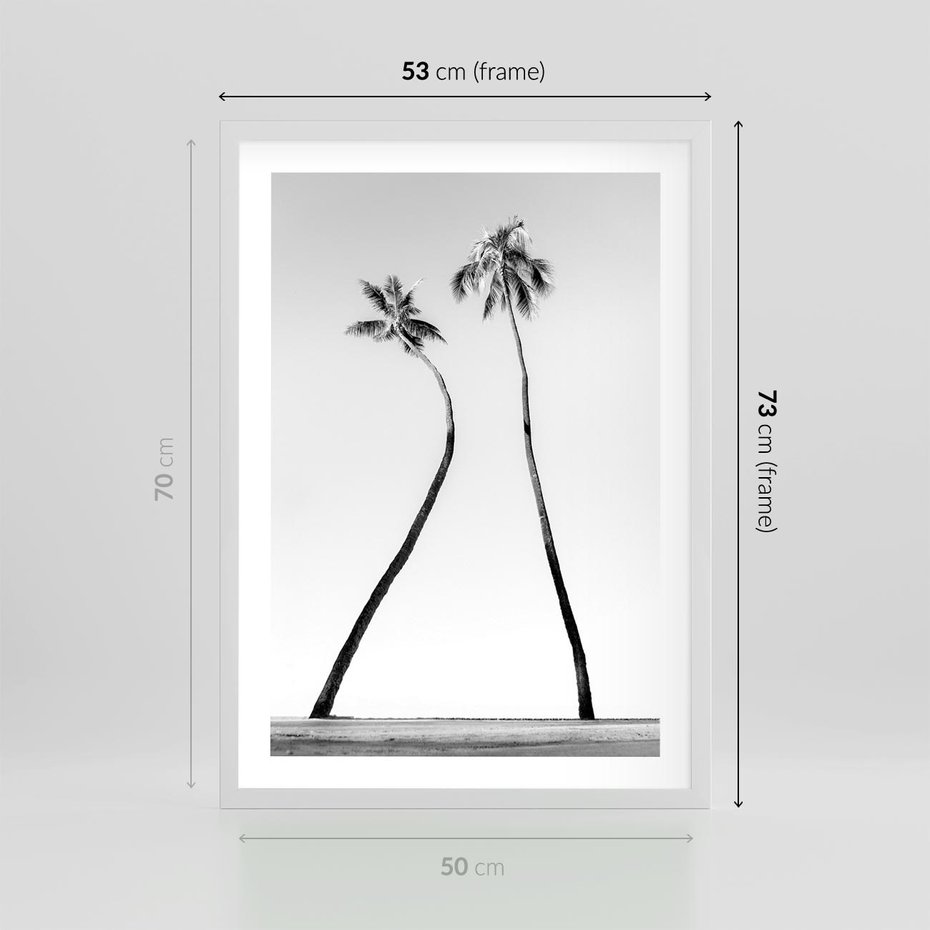 Plakat w ramie 50x70 - Samotne Palmy - czarno biała fotografia, dwie samotne palmy - rama biała