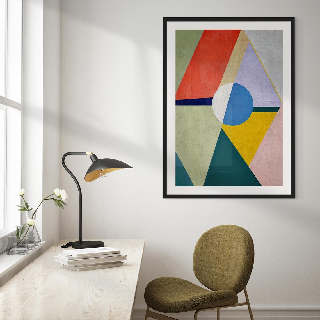 Plakat w ramie 50x70 - Taniec Subtelnych Odbić - abstrakcyjne geometryczne kształty, olejny obraz - rama czarna