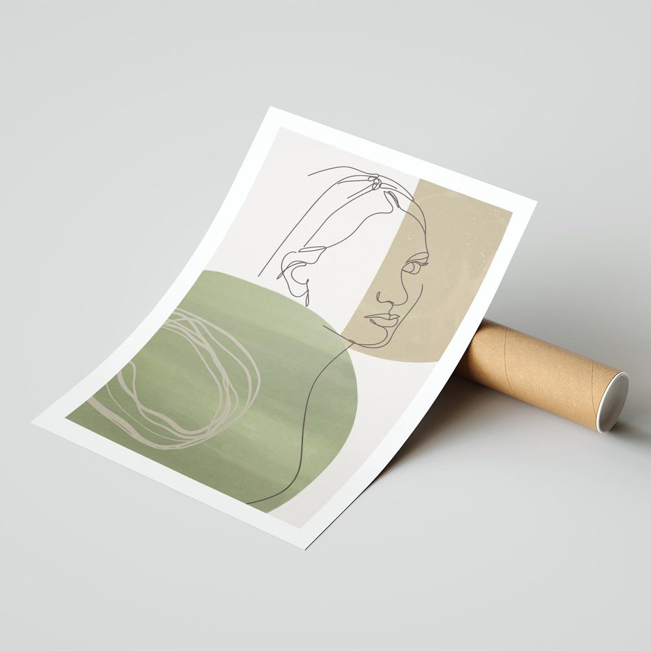 Plakat bez ramy 30x40 - Jedna Linia, Wiele Emocji - akwarelowe plamy, na nich szkic postaci kobiety jedną linią