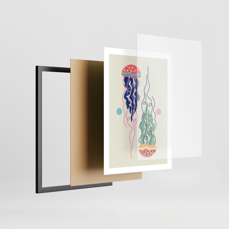 Plakat w ramie 50x70 - Morskie Pulsacje - nowoczesny optymistyczny plakat, kolorowe meduzy - rama czarna