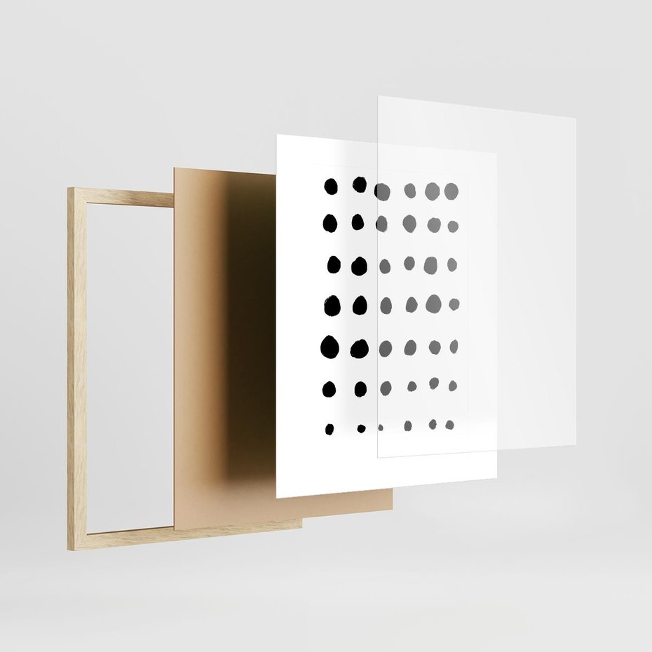 Plakat w ramie 40x50 - Refleksje Światła - minimalistyczna kompozycja, czarne kropkina białym tle - rama drewno