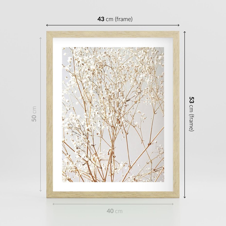 Plakat w ramie 40x50 - Minimalistyczna Delikatność - białe kwiaty, gipsówka - rama drewno
