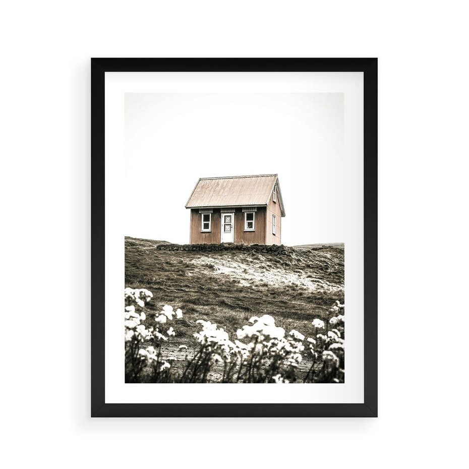 Plakat w ramie 40x50 - Krajobraz z Przeszłości: Kwitnąca Łąka w Sepii - domek na wzgórzu, kwitnąca łąka - rama czarna