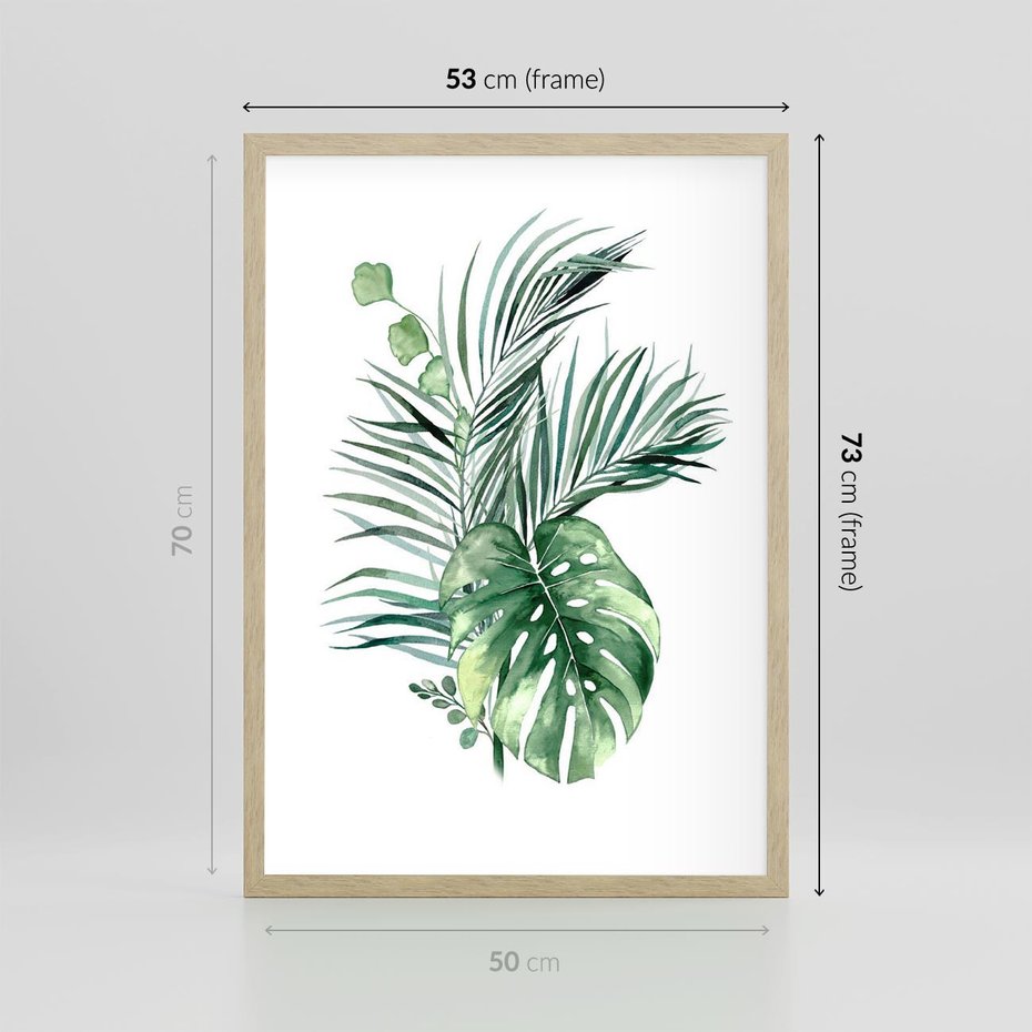 Plakat w ramie 50x70 - Liście i Życie: Akwarelowa Oaza - akwarelowy obrazek, pamy - rama drewno