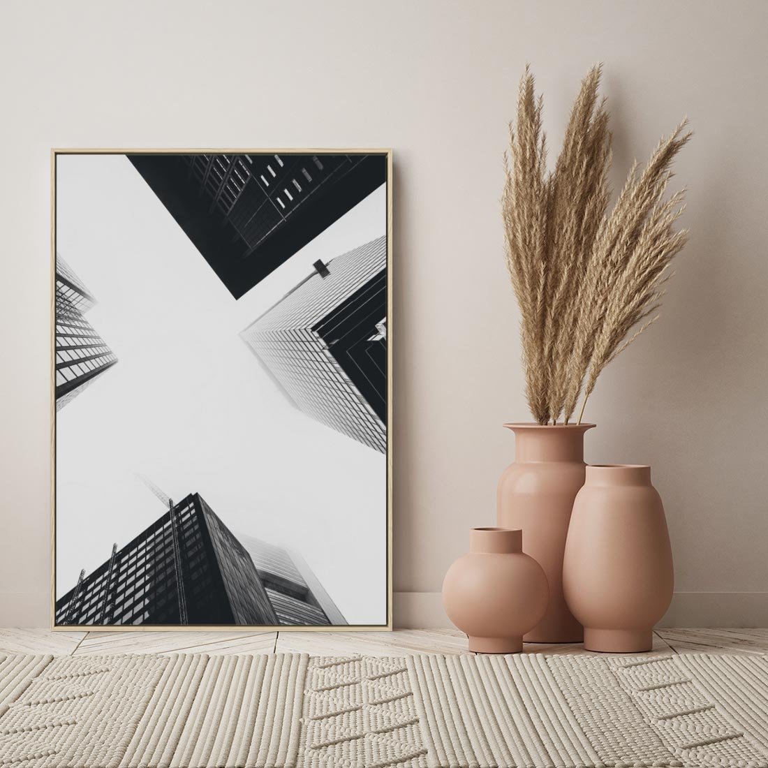 Obraz w ramie 50x70 - Nowoczesna Dynamika - perspektywa, wieżowce - rama drewno