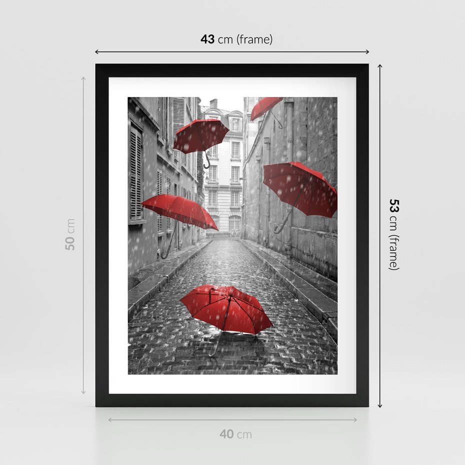 Plakat w ramie 40x50 - Parasole w malowniczej uliczce - parasole, uliczka - rama czarna