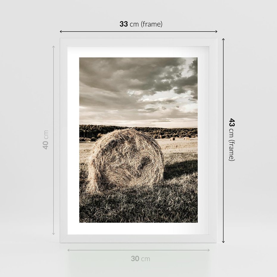 Plakat w ramie 30x40 - Ciepło Natury - snopki siana, pole - rama biała