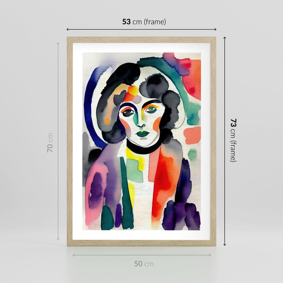 Plakat w ramie 50x70 - Subtelne Akwarelowe Ulotności - abstrakcyjny akwarelowy portret kobiety, rozmyte farby - rama drewno
