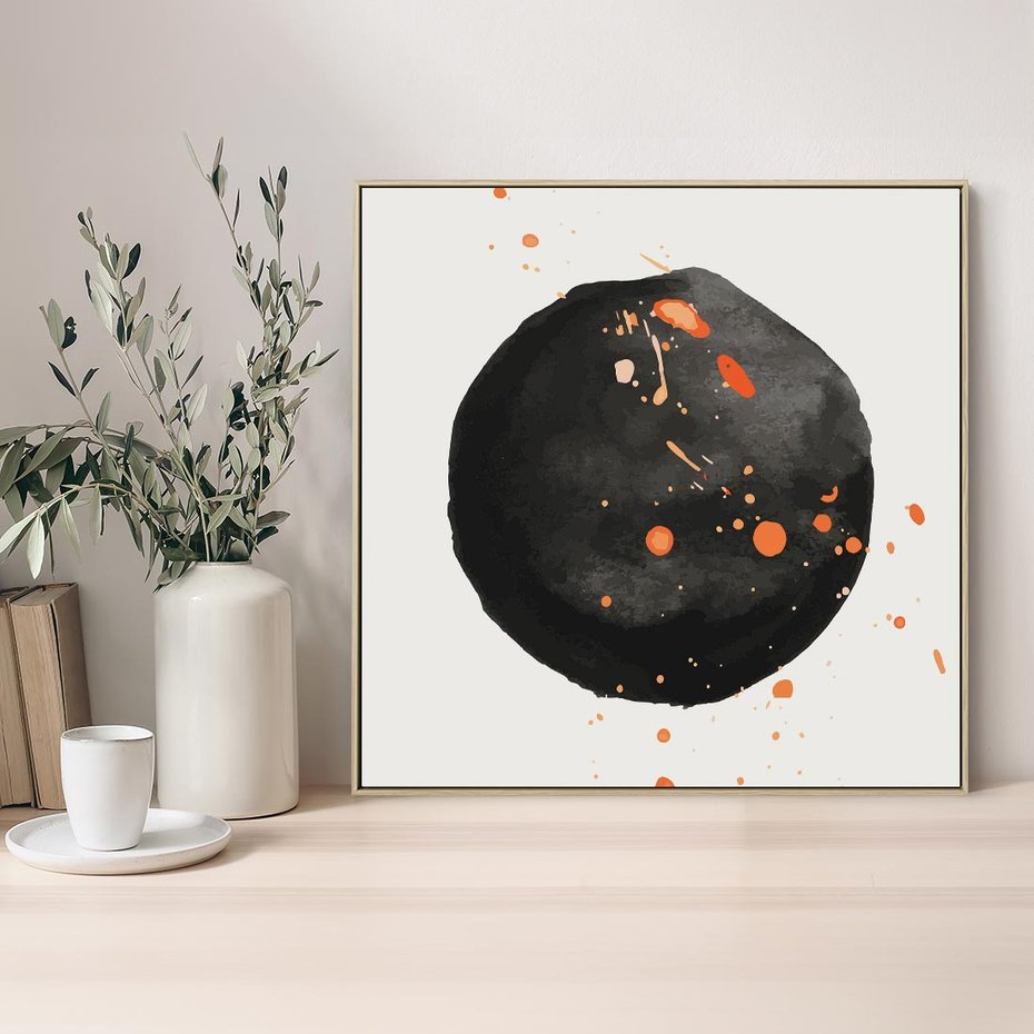 Obraz w ramie 50x50 - Wnętrza Marzeń - abstrakcyjna czarna plama, rozsiane pomarańczowe kropki - rama drewno
