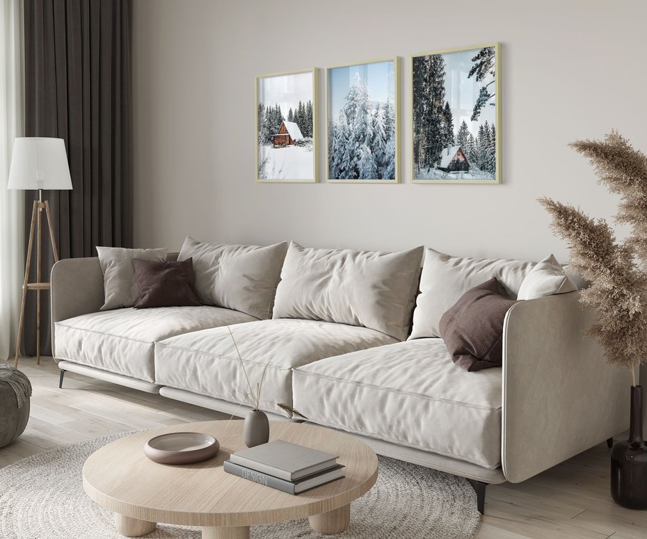 Zestaw obrazy w ramie 50x70 galeria - Las, zima, domki, śnieg - rama drewno