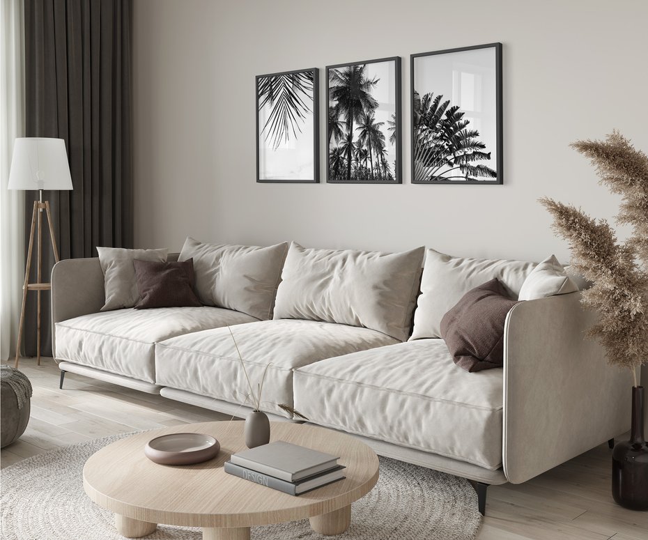 Zestaw obrazy w ramie 30x40 galeria - Palmy, czarno, biały, minimalizm - rama czarna