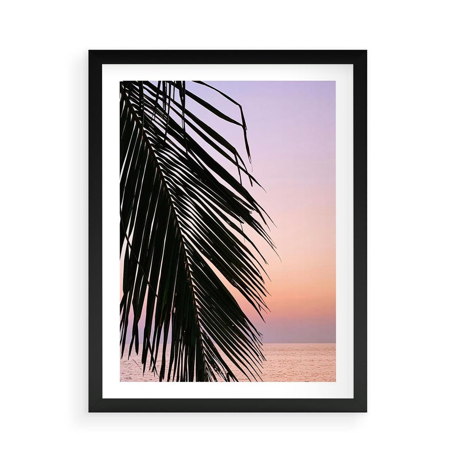 Plakat w ramie 50x70 - Liście Palmy nad Morzem - zachód słońca, liście palmy na tle nieba i morza - rama czarna
