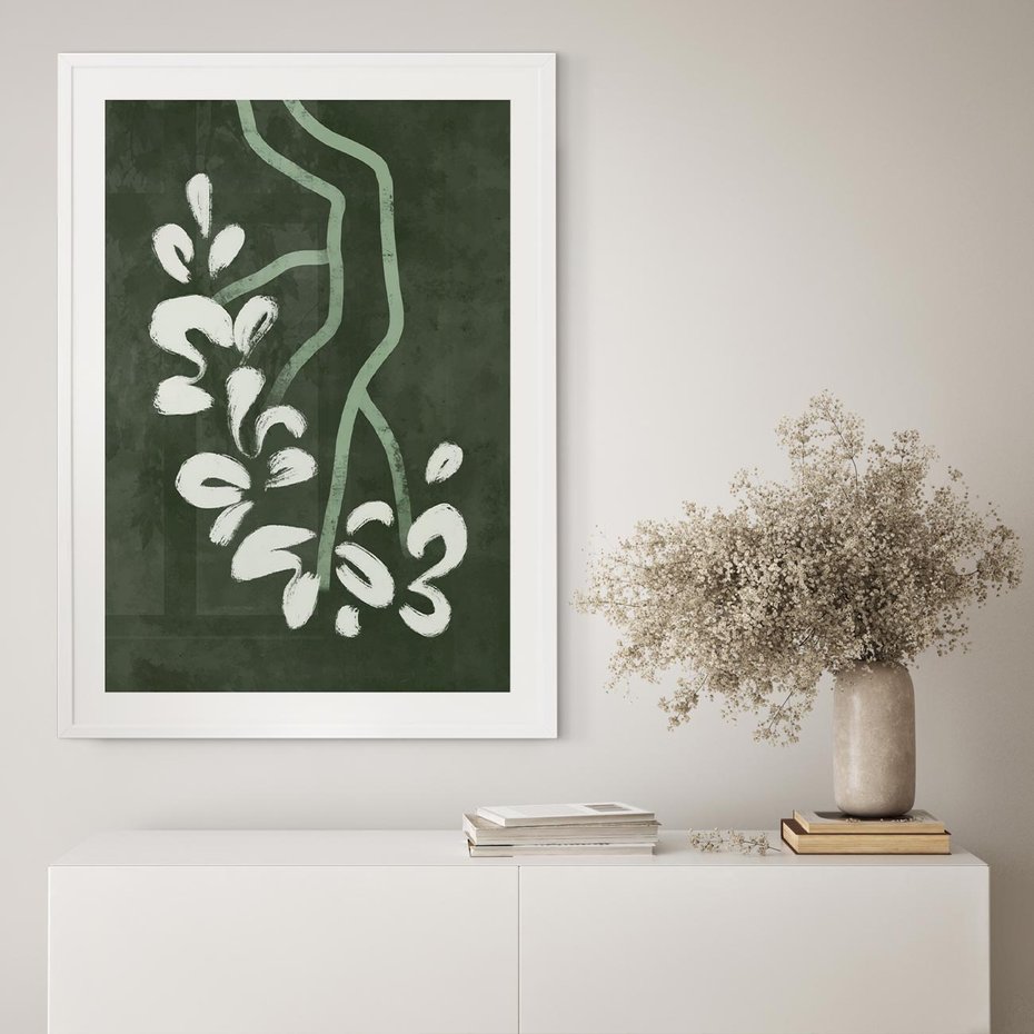 Plakat bez ramy 21x30 - Rozkwitające Zielone Gałęzie - abstrakcyjne delikatne zielone linie, podobne do gałęzi kwiatów