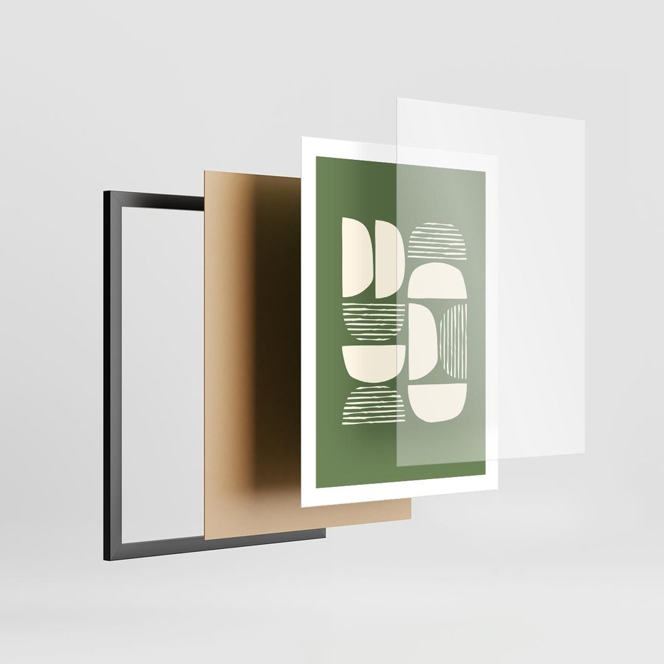 Plakat w ramie 50x70 - Migotliwe Formy - geometryczne boho kształty na brązowym, oliwkowym tle - rama czarna