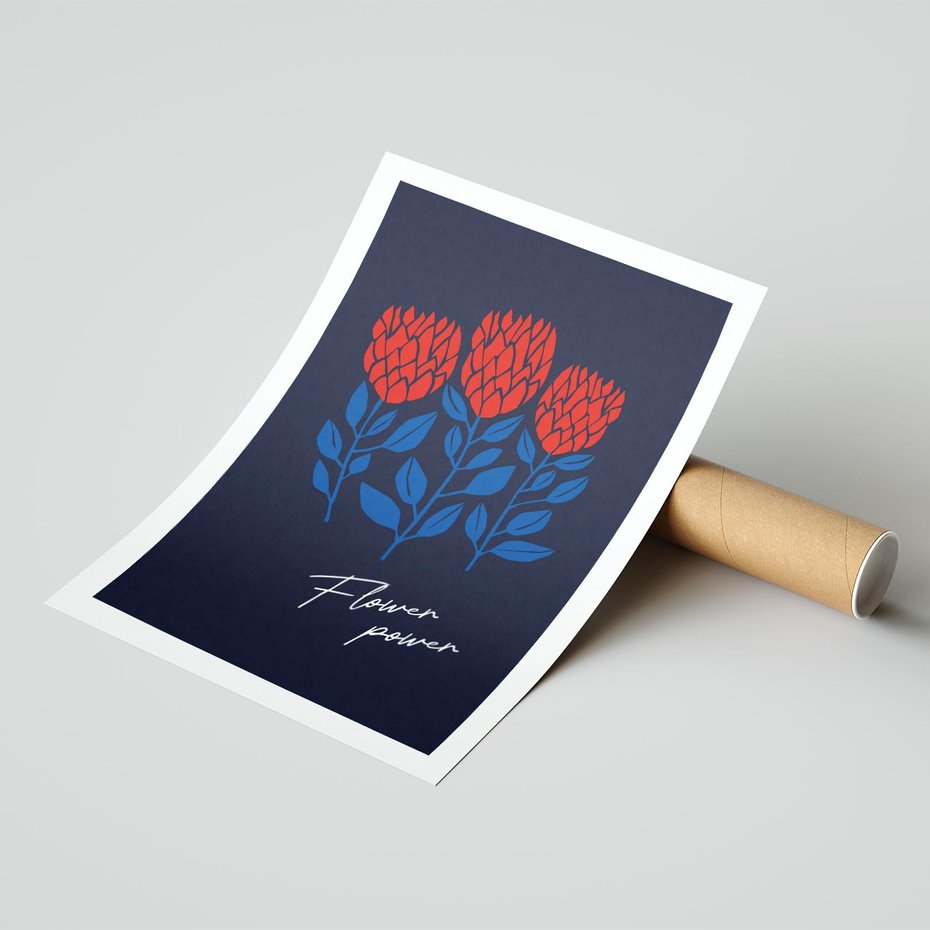 Plakat bez ramy 40x50 - Podróżne Barwy - czerwone abstrakcyjne kwiaty, granatowe tło