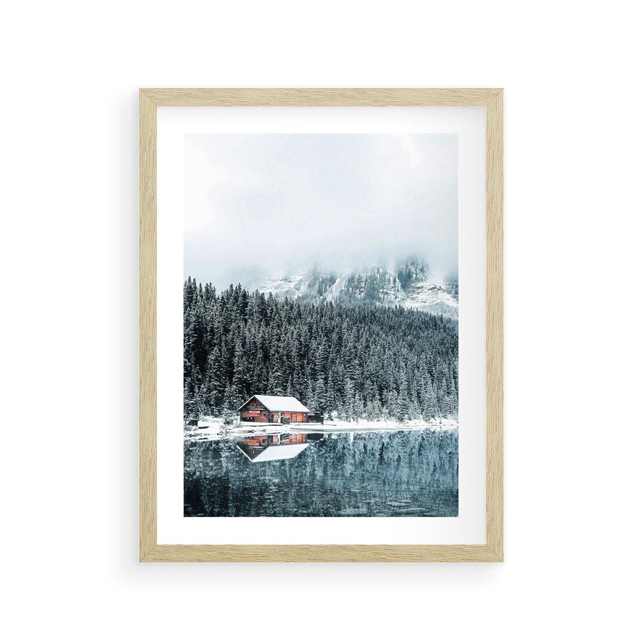 Plakat w ramie 30x40 - Biały Domek - domek w górach, zima - rama drewno
