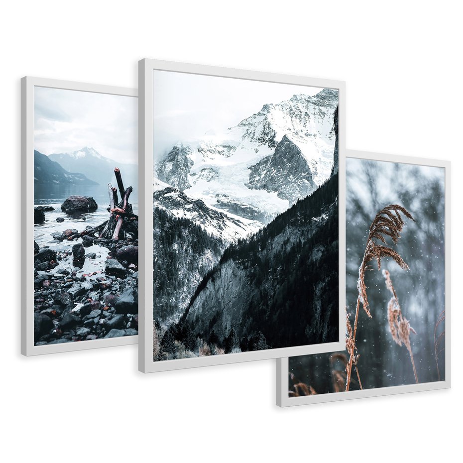 Zestaw obrazy w ramie 50x70 galeria - Zima, góry, suche, trawy, boho - rama biała